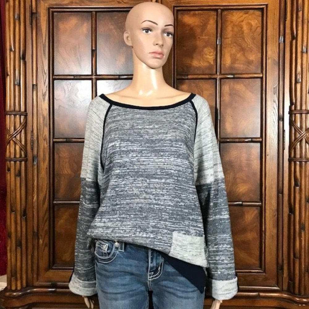 Jones New York Navy Cotton Blend Heather Colorblock Roll Tab Sleeve Top